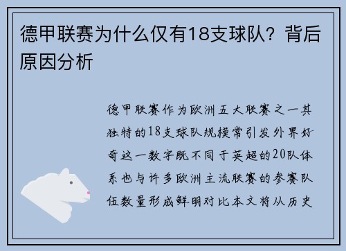 德甲联赛为什么仅有18支球队？背后原因分析